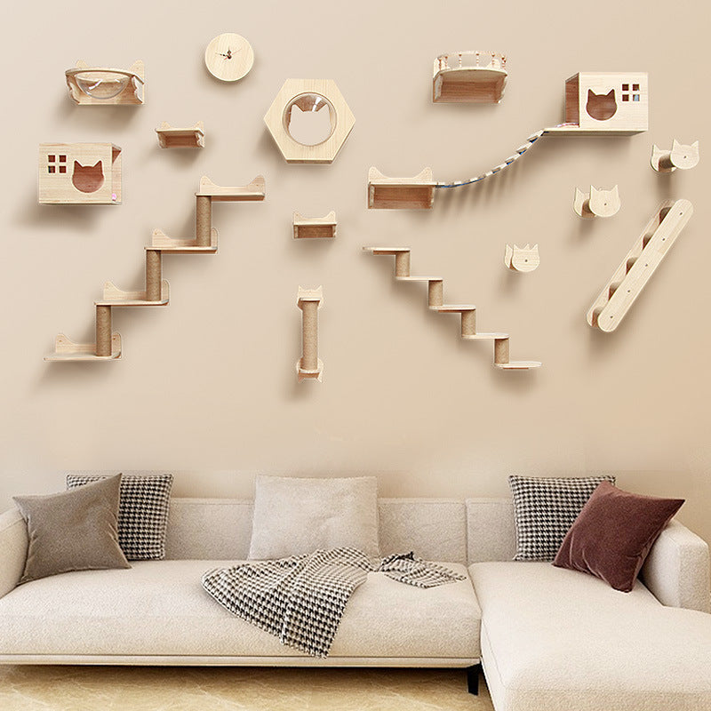 Accesorios de Pared para Gatos – Escalera y Plataforma de Madera Maciza para Trepar y Jugar