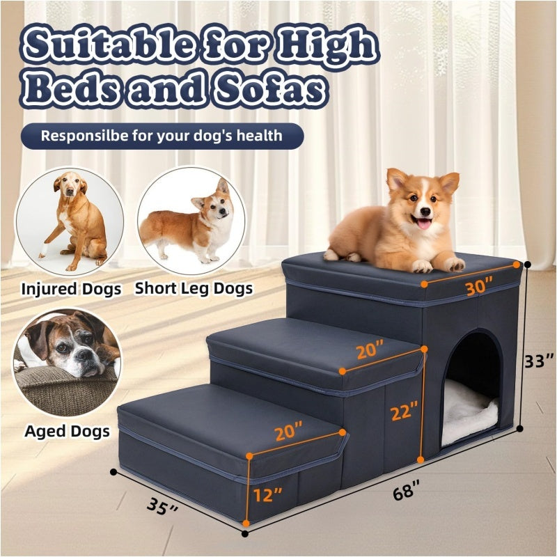 Escalera Plegable con Almacenamiento para Perros – Rampa de 3 Niveles para Mascotas Pequeñas y Medianas, Ideal para Camas Altas y Sofás
