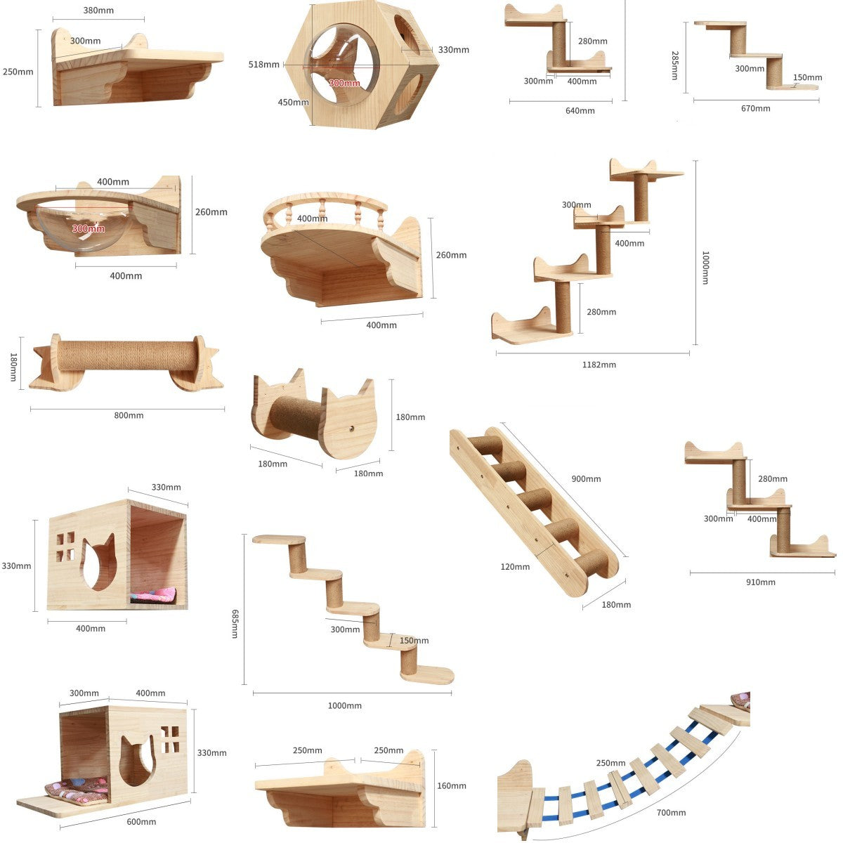 Accesorios de Pared para Gatos – Escalera y Plataforma de Madera Maciza para Trepar y Jugar