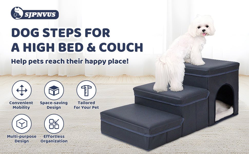 Escalera Plegable con Almacenamiento para Perros – Rampa de 3 Niveles para Mascotas Pequeñas y Medianas, Ideal para Camas Altas y Sofás