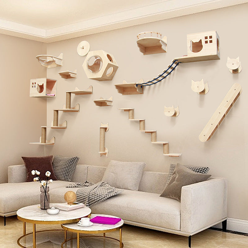 Accesorios de Pared para Gatos – Escalera y Plataforma de Madera Maciza para Trepar y Jugar