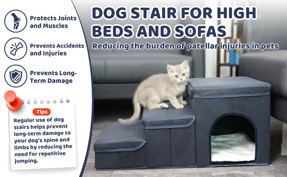 Escalera Plegable con Almacenamiento para Perros – Rampa de 3 Niveles para Mascotas Pequeñas y Medianas, Ideal para Camas Altas y Sofás