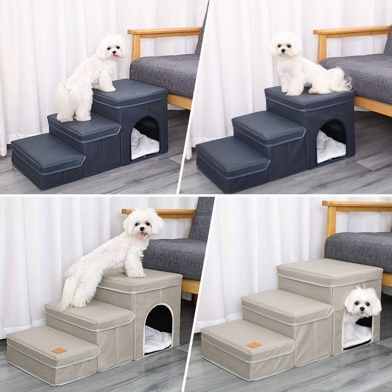 Escalera Plegable con Almacenamiento para Perros – Rampa de 3 Niveles para Mascotas Pequeñas y Medianas, Ideal para Camas Altas y Sofás